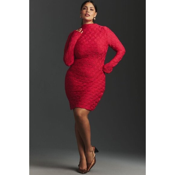 NWT Anthropologie Maeve Long-Sleeve Scrunch Textured Mini Dress 1X Pink Party - Picture 1 of 10